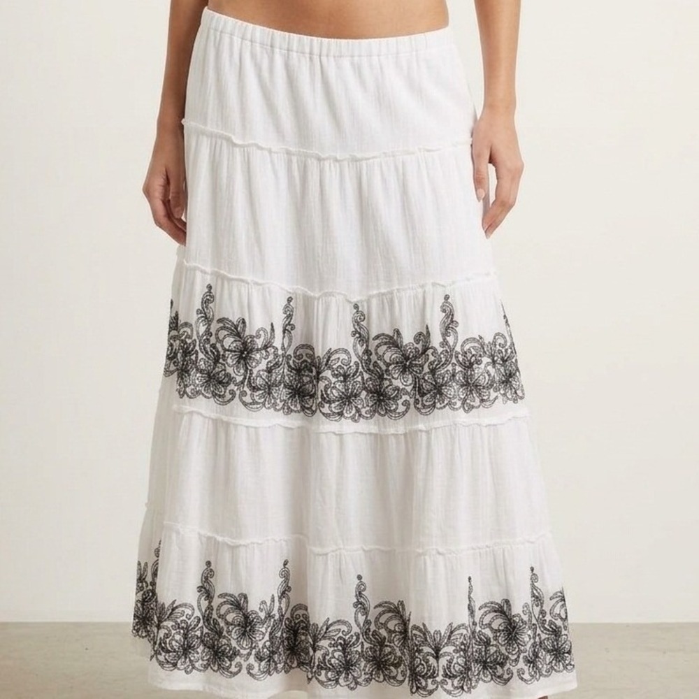 Y2K Boho White Tiered Embroidered Midi Maxi Skirt Stretchy Low Rise Fairycore